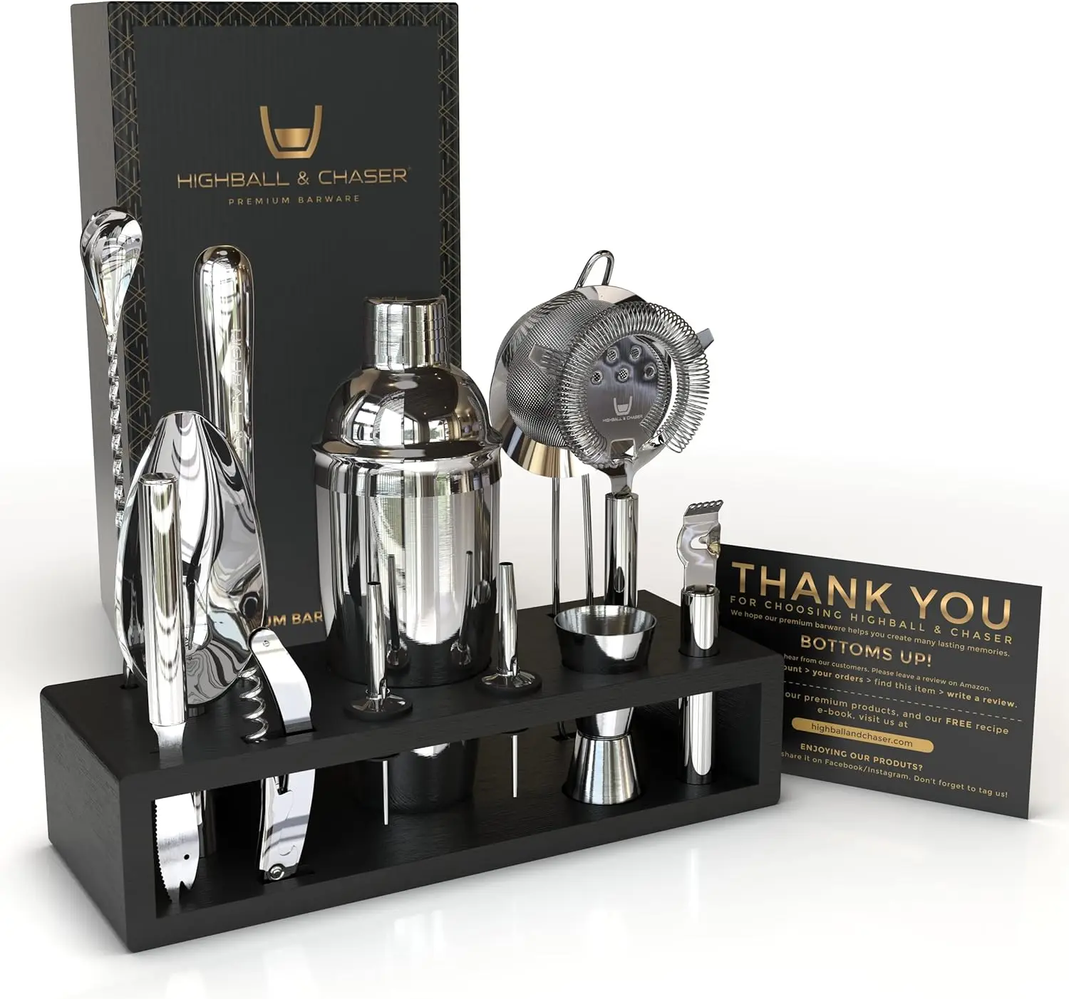 

13-Piece Stainless Steel Cocktail Shaker Set with Bamboo Stand & Free Ebook - Professional Bartender Kit for Home Bar