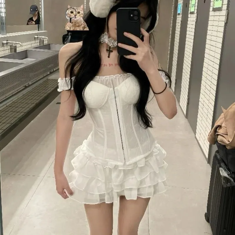 

Vintage Solid 2 Piece Set Women Elegant Casual Loose Thin Sleeveless Vest + Mini Skirts Casual White Retro Suits Office Lady