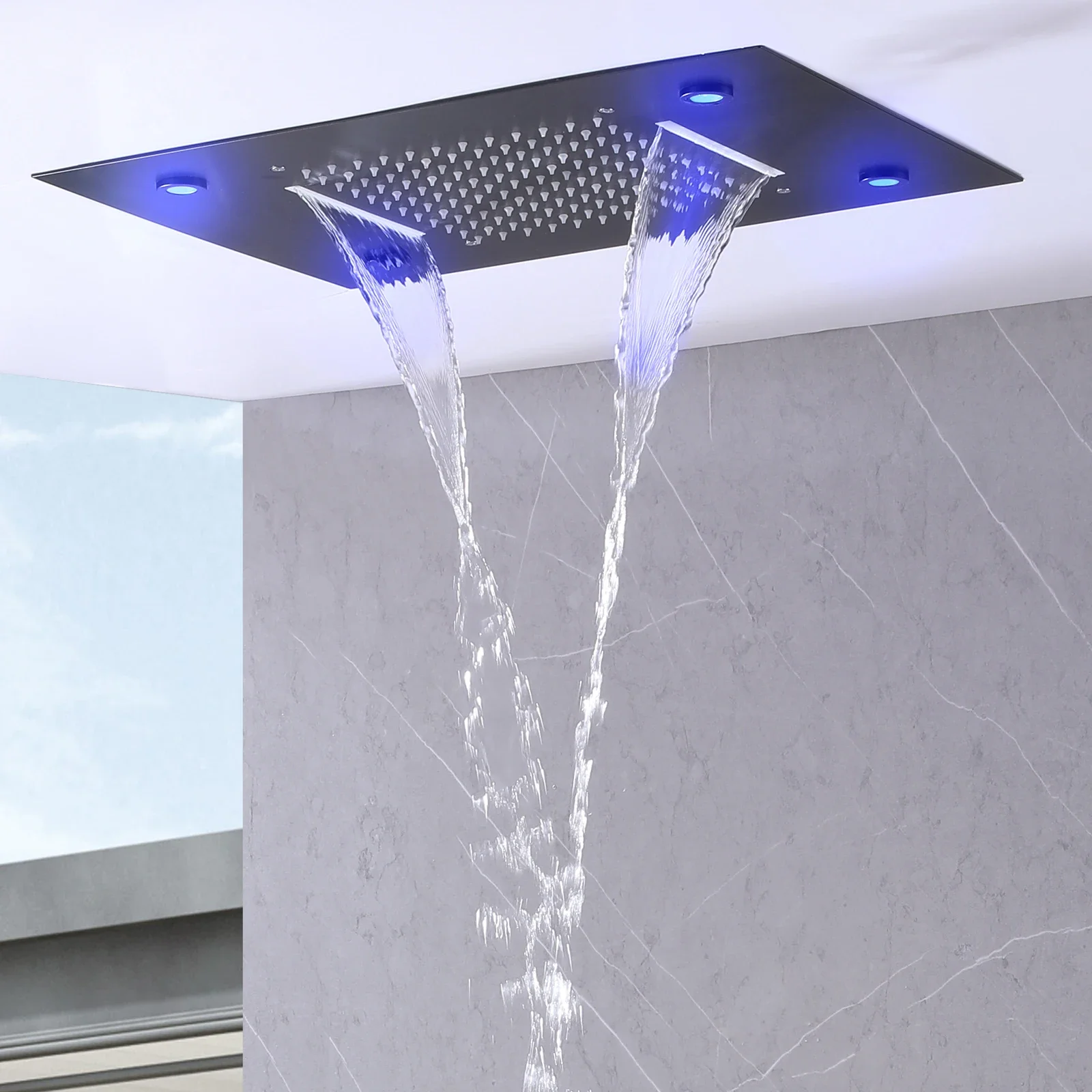 Matte Black Shower Head 50X36 CM LED Bathroom Bifunctional Waterfall Rainfall With 3 Color Temperature Changing