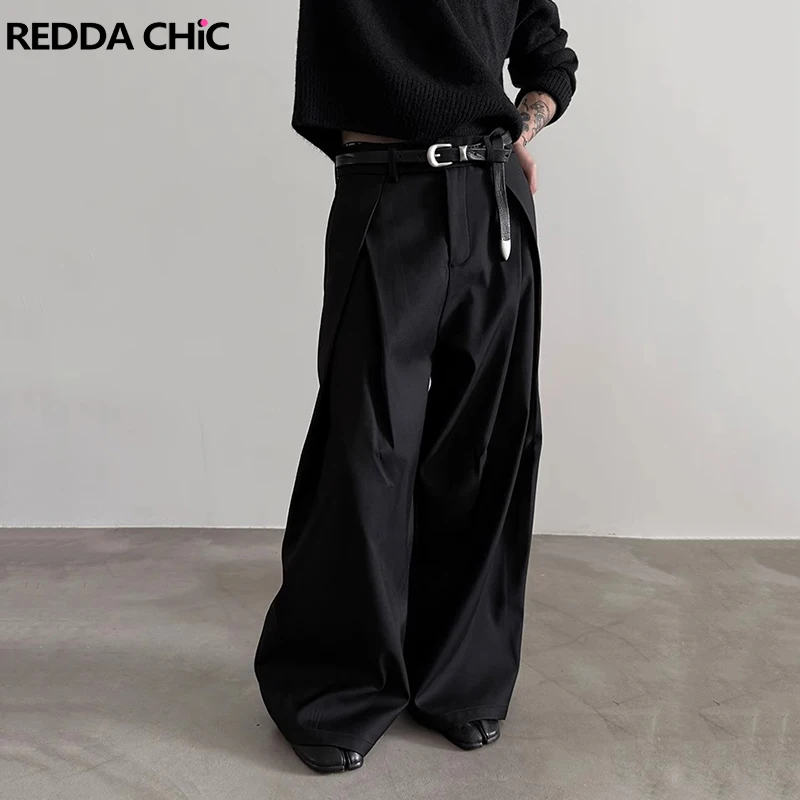 REDDACHIC 남성용 플리츠 프론트 와이드 레그 팬츠, 클린핏 블랙 솔리드 로우 웨이스트 드레스 바지, 유니섹스 오피스 워크 캐주얼 의류