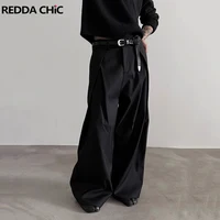 REDDACHiC Pantalones de pierna ancha con frente plisado para hombre, pantalones elegantes de cintura baja sólidos negros Cleanfit, ropa informal para trabajo de oficina Unisex