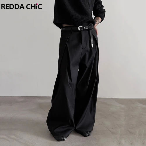 Imagen 1 del producto REDDACHiC Pantalones de pierna ancha con frente plisado para hombre, pantalones elegantes de cintura baja sólidos negros Cleanfit, ropa informal para trabajo de oficina Unisex