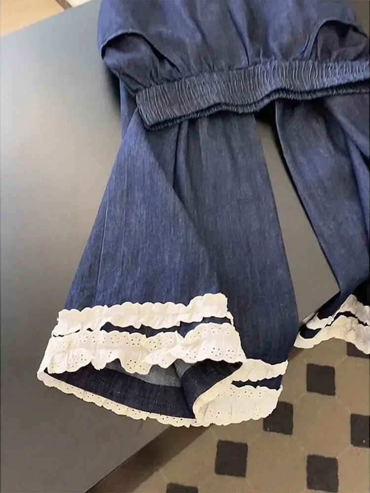 Perna larga rendas pantalones jeans mujer streetwear feminino coreano solto outono calças grunge casual chique novo