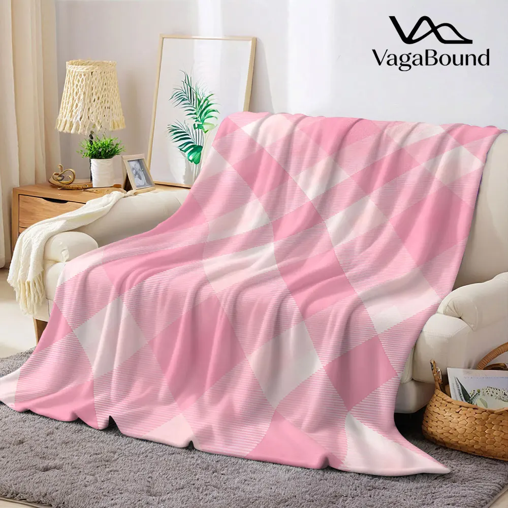 Soft Pink Diagonal Gingham Flannel Blanket Warm Soft Halloween Christmas Decorative Couch Warm Cozy All-Season Gift