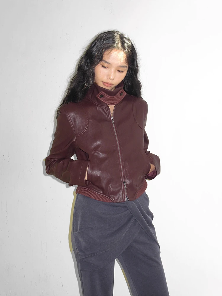 Lautaro 春秋のクールなショート Pu レザーボンバージャケット女性長袖ジッパー高級デザイナーアメリカンレトロ服 2025