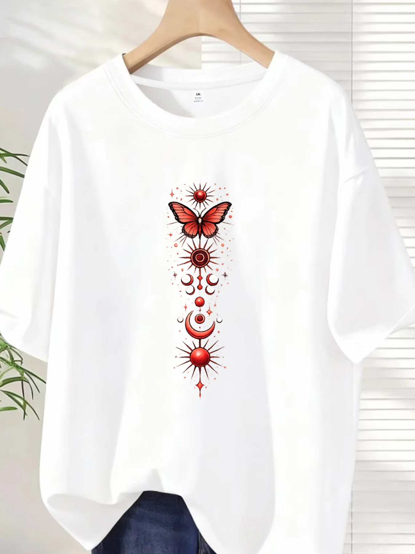 【ZXH10120】red butterfly Plus size women's round neck short sleeve T-shirt with elastic half sleeves and trendy prints