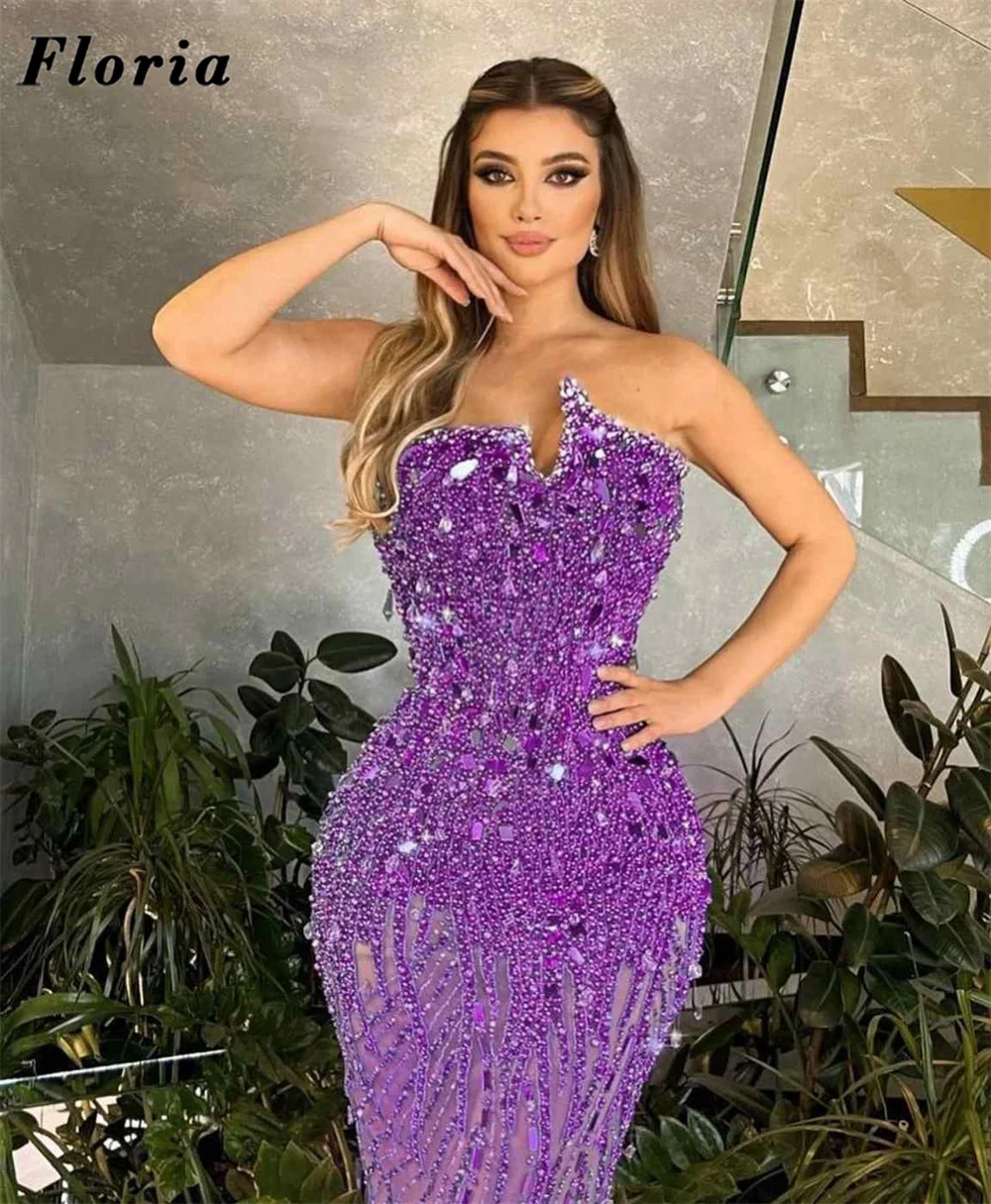 Customized Purple Beaded Pearls Prom Dresses Strapless Mermaid Birthday Party Second Reception Dress Evening Dress For Women view 3