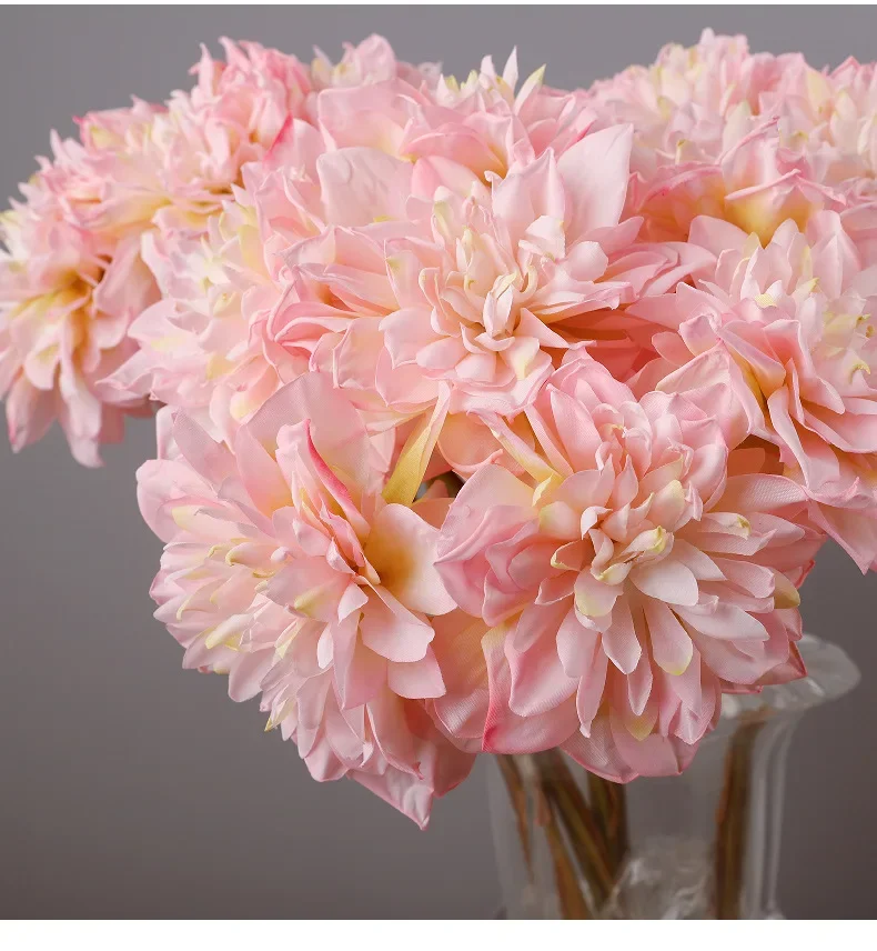 5 Stück Simulationsblumen Seiden-Dahlien mit grünem Herz, 7 Blütenköpfe, Blumenstrauß, Restaurantdekoration, künstliche Blume, Simulations-Dahlie mit verbranntem Rand – Detail 12