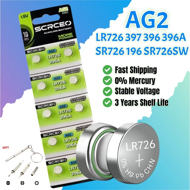 10-200 Uds AG2 batería de botón alcalina LR726 397 396A SR726 SR726SW LR59 SR59 396 1,55 V batería de botón para juguetes de reloj celda remota
