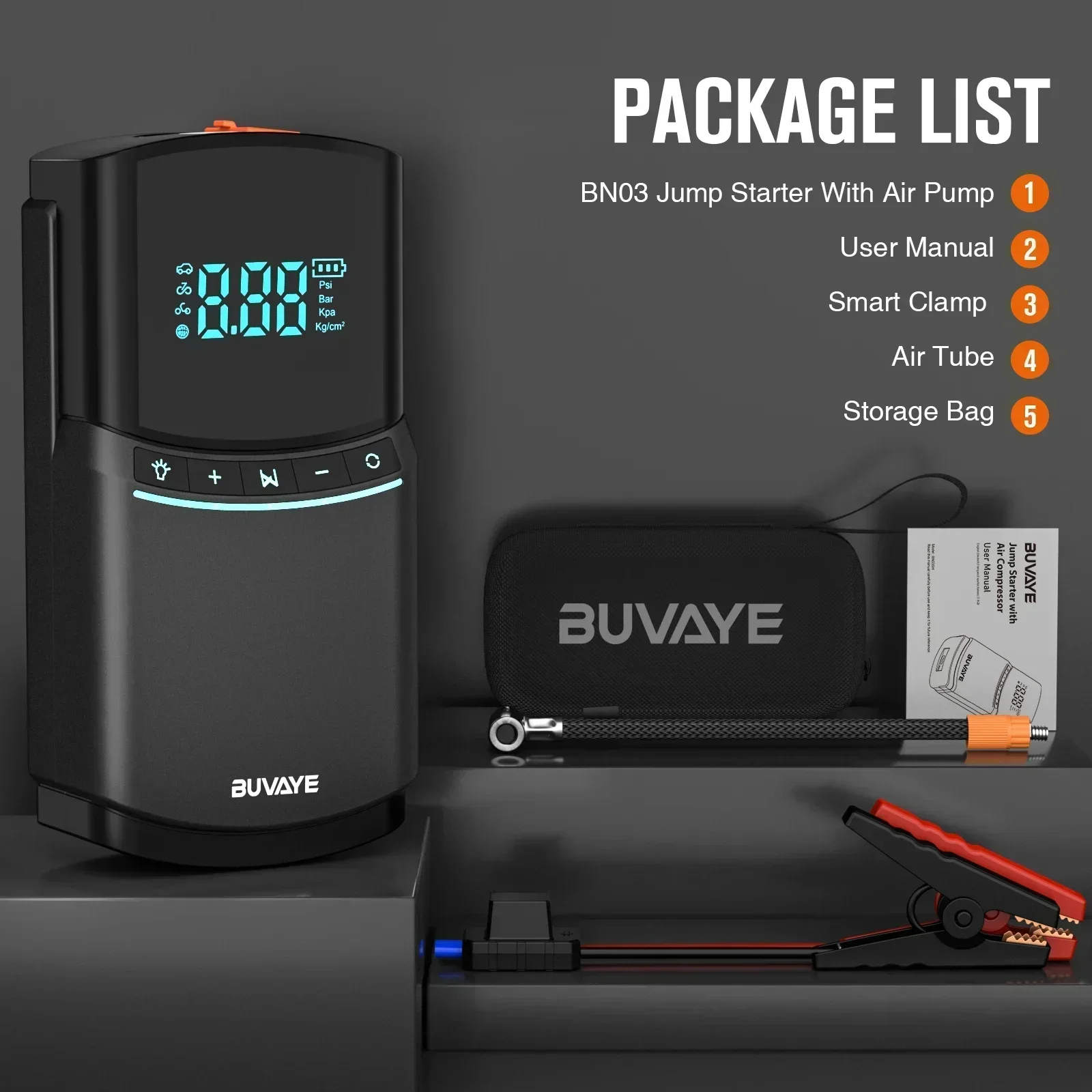 BUVAYE Car Jump Starter 150PSI Tire Inflatable Pump, Power Bank, 2000A Battery Booster Air Compressor, Digital Auto Inflator