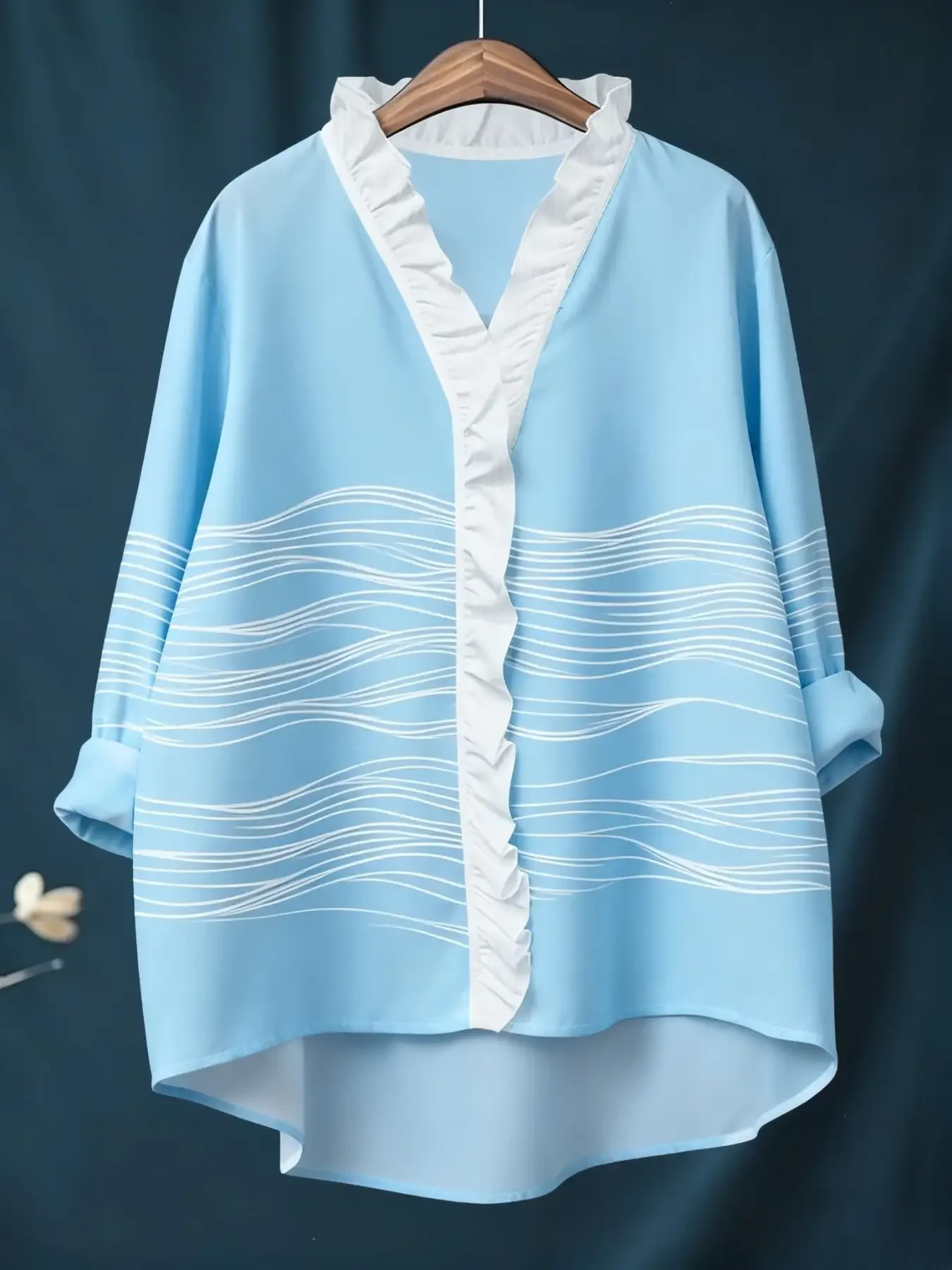 New women's printed long sleeved shirt with ruffled neckline, Retro Art Casual Women's Clothing