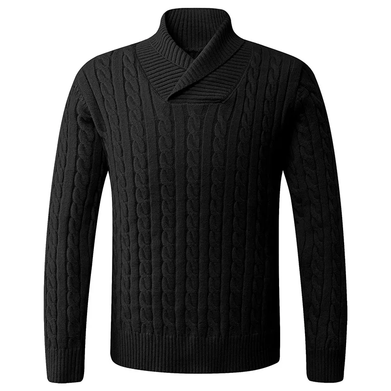Retro Casual Knitted Jacquard Sweater Men Autumn Winter Thick Warm Shawl Collar Sweaters Social Versatile Basic Knitted Pullover