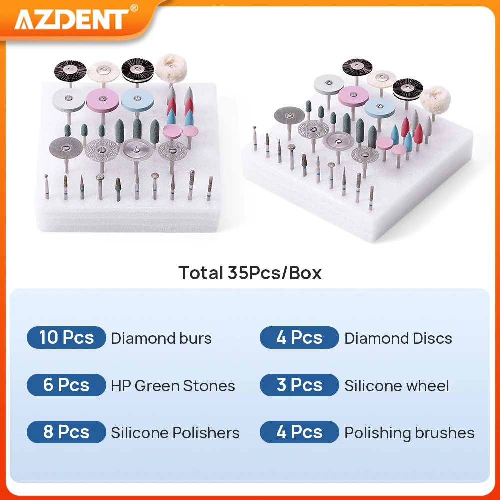 35 sztuk laboratorium dentystyczne HP zestaw do polerowania AZDENT niska prędkość polerka szczotki wiertła tarcze szczotki do szlifowania ceramiki