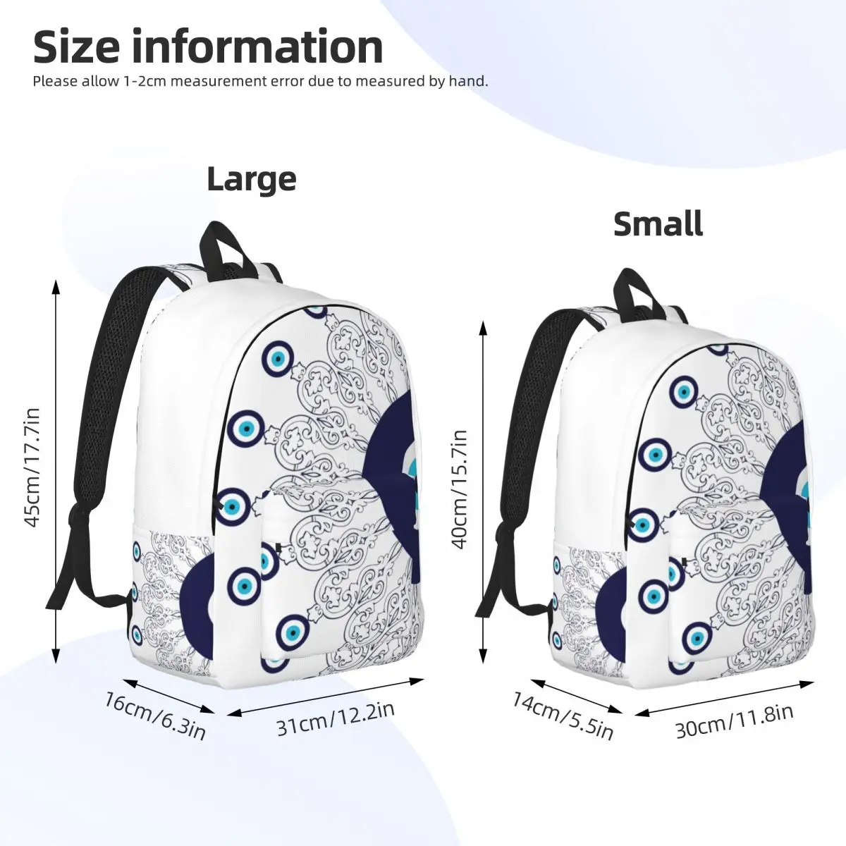 الأزرق الداكن الأبيض البحر الأبيض المتوسط الشر العين ماندالا قماش ظهره مقاومة للماء كلية مدرسة البوهيمي بوهو حقيبة طباعة Bookbags