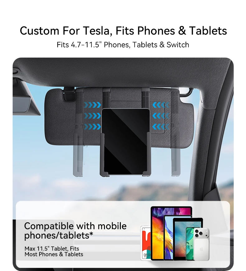 YZ Für Tesla alle Modelle 3/Y PC Flachklemme Verstellbarer Universeller Handy-Tablet-Ständer Schminkspiegel Frontscheiben-Sonnenblendenhalterung – Detail 9