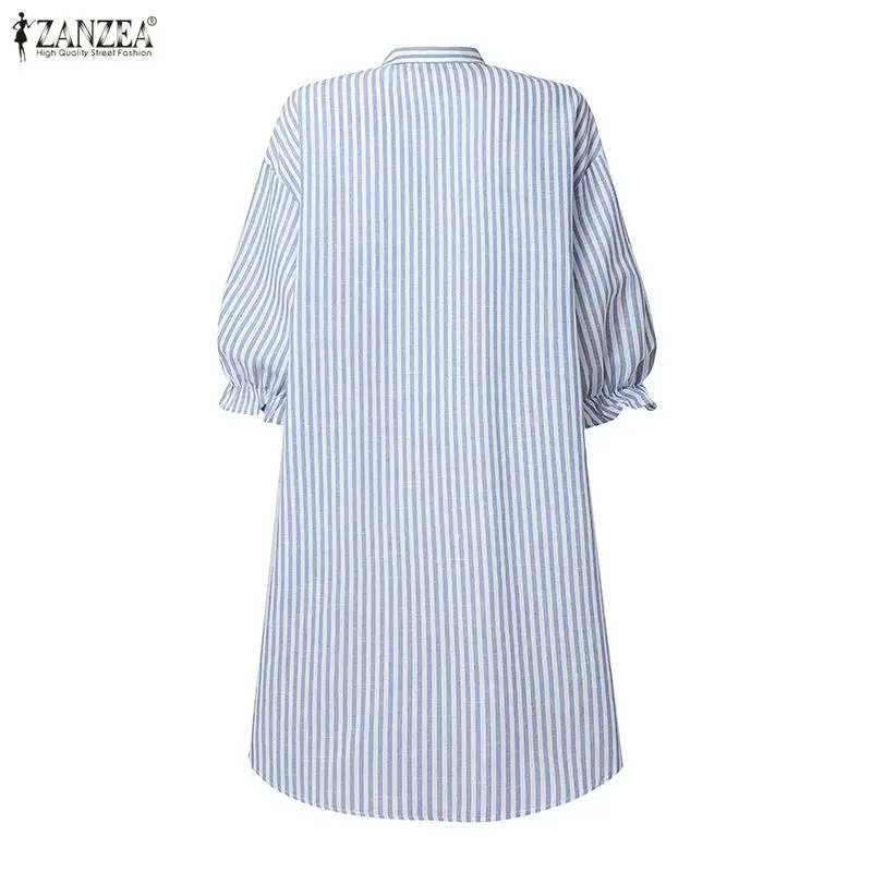ZANZEA Women's Striped Shirt Dress Stand Collar 3/4 Lantern Sleeves Asymmetric Hem Button Up Knee-Length Dresses Woman Clothes