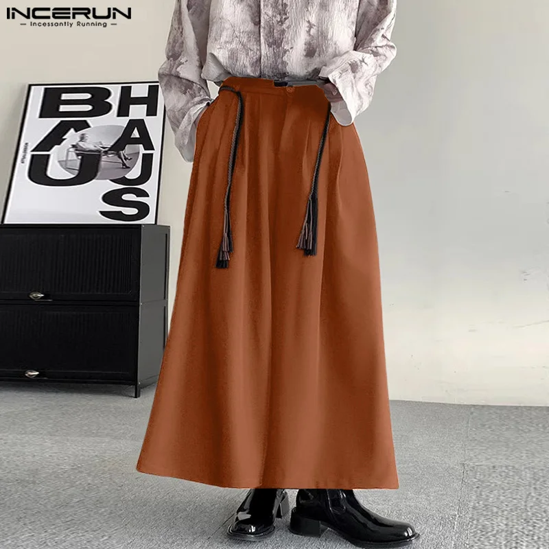 

INCERUN 2024 Korean Style Trousers New Men's Wide Leg Loose Long Pants Casual Streetwear Male Drawstring Design Pantalons S-5XL