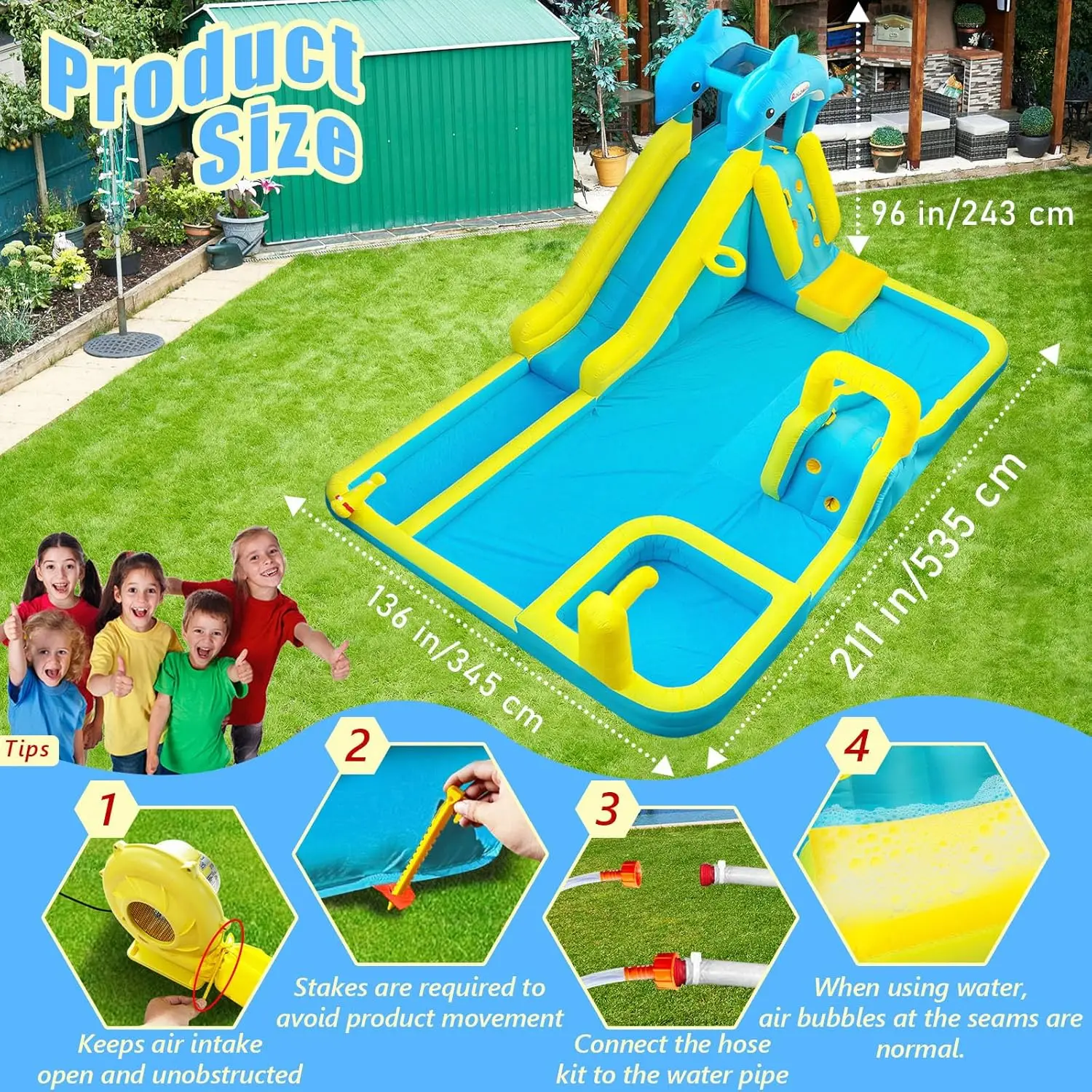 Aufblasbare Wasserrutsche, Delphin Styling Giant Bouncy Waterslide Park, mit extra langer Rutsche, Kletterwand, tiefer Pool, Wasserkanone