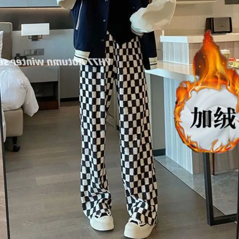 

Autumn Winter Fleece Thick Wide Leg Women Simplicity Office Lady Plaid High Waist Straight Trend All-match Warm Casual Trousers