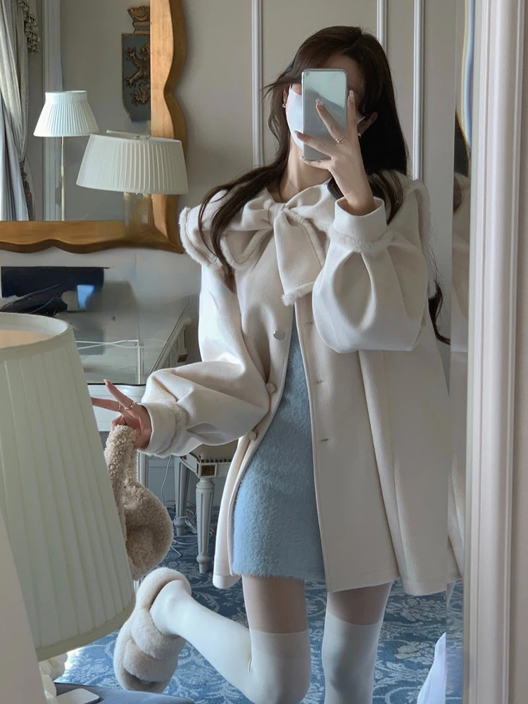 2022 Winter Pure Color Casual Overcoat Women Bow Design Chic Elegant Long Sleeve Jackets Office Lady Korean Fashion Y2k Top Chic