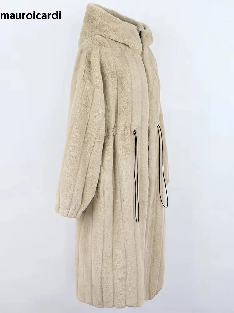 Mauroicardi Winter Long Thick Warm Striped Fluffy Faux Fur Coat Women with Drawstring Waist and Hood Zip Up Furry Overcoat 2024