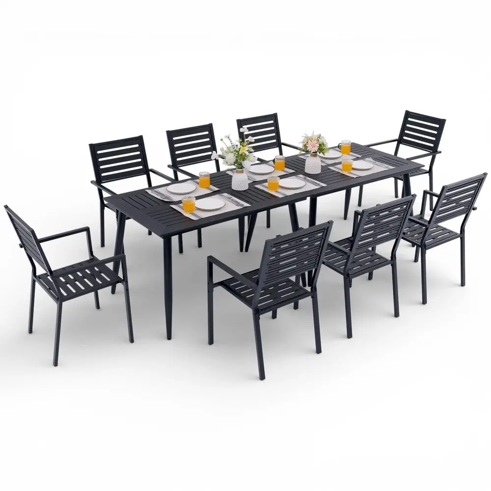 

Outdoor Dining Set Two 47.25 HDPE Patio Tables and 8 Stackable Armrest Chairs AllWeather RustProof Steel Frame for Garden, Deck