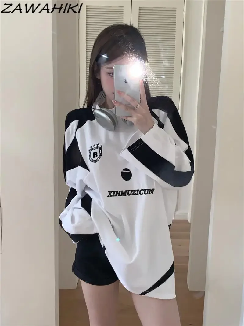 American Oversize Patchwork Contrast Color Letter Print Long Sleeve T Shirt Women Loose Lovers Fashion Korean O-neck Y2k Clothes