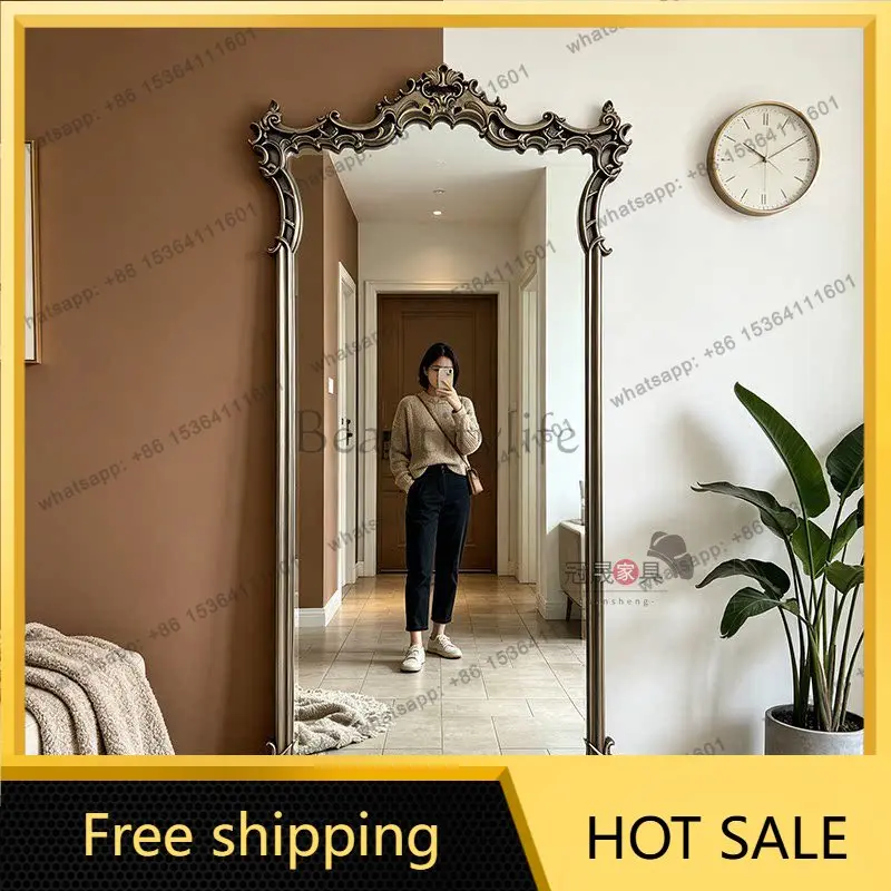 LS Retro Floor-to-ceiling Full-length Mirror, Living Room Entrance Carved Bedroom Wall-mounted Special-shaped Full-length Mirror