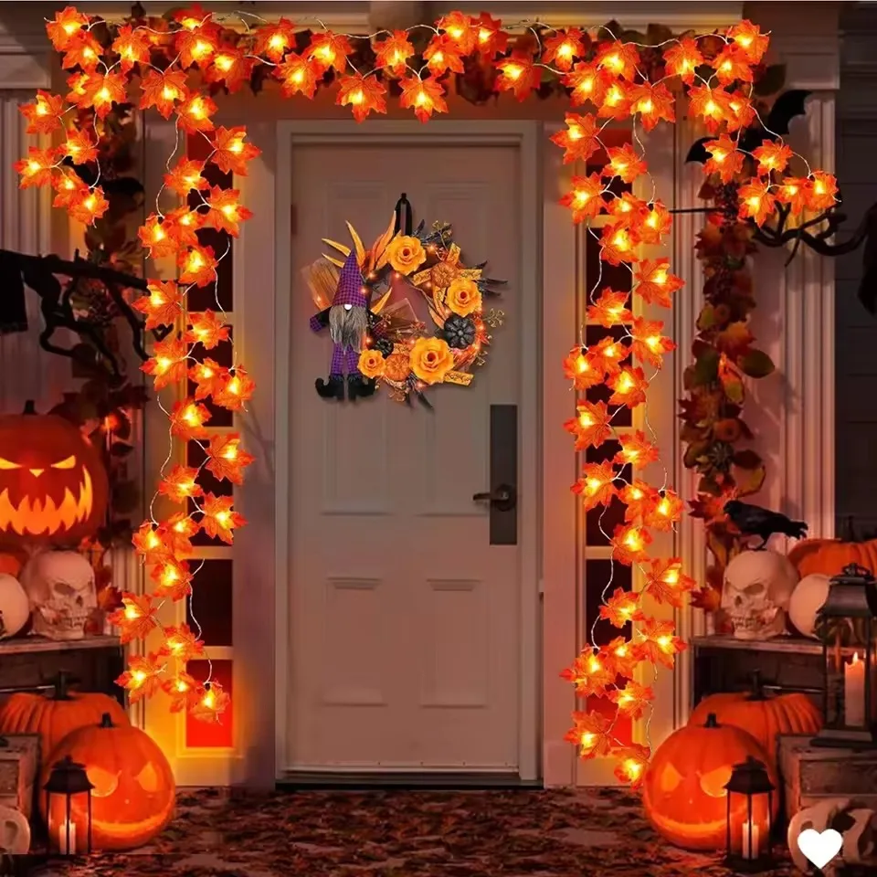 2/3/6M Halloween-LED-Lichterkette, künstliche Ahornblatt-Laternengirlande, Halloween, Erntedankfest, Heim-, Geburtstags- und Partydekoration – Detail 1