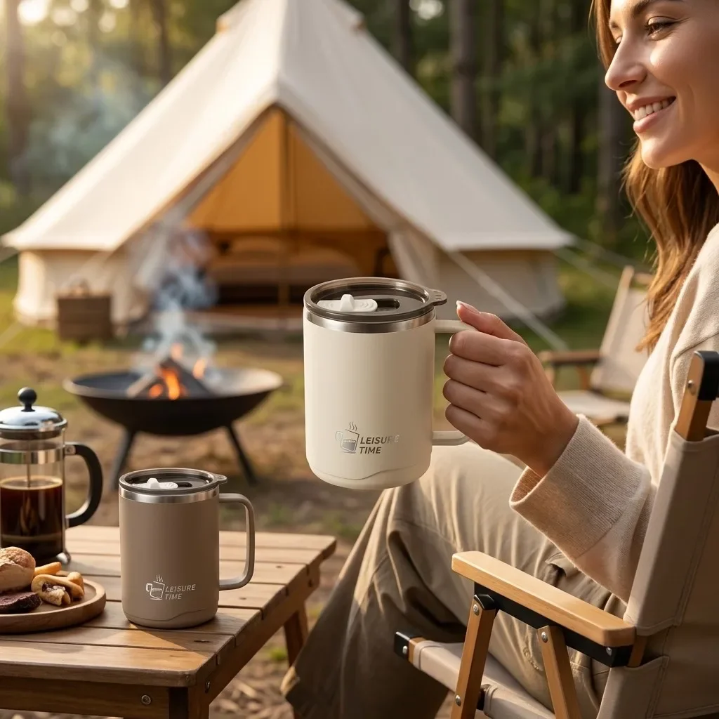 Thermal Coffee Tumbler With Handle Leakproof Insulated Travel Mug 304 Stainless Steel Double Wall Portable Cup Dual Drink Lid
