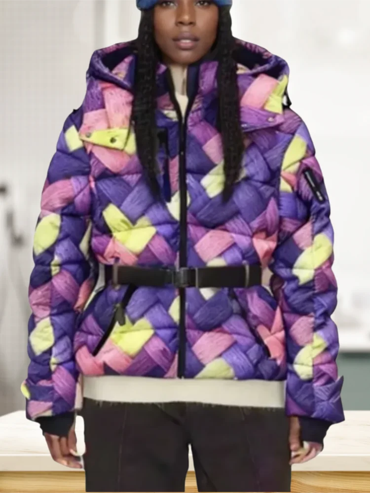 

2026 элегантные толстые теплые ветрозащитные лыжные куртки с карманами, женские зимние спортивные парки с капюшоном и высокой талией, пальто с поясом