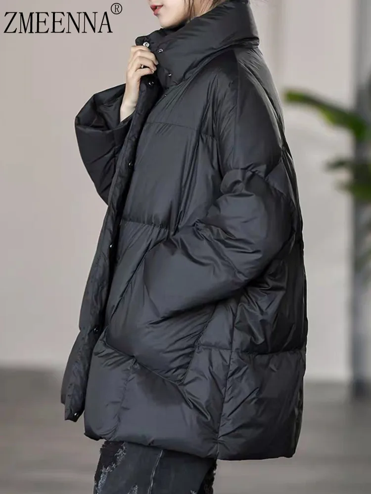 

ZMEENNA женское пуховое пальто большого размера с высоким воротником-стойкой, пуховик с полной застежкой на пуговицы, теплая зимняя черная ZM4460