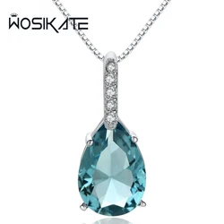 WOSIKATE Luxury Blue Topaz Water Drop Shape Pendant Necklace For Women 925 Sterling Silver Fashion Jewellery Chain Necklace
