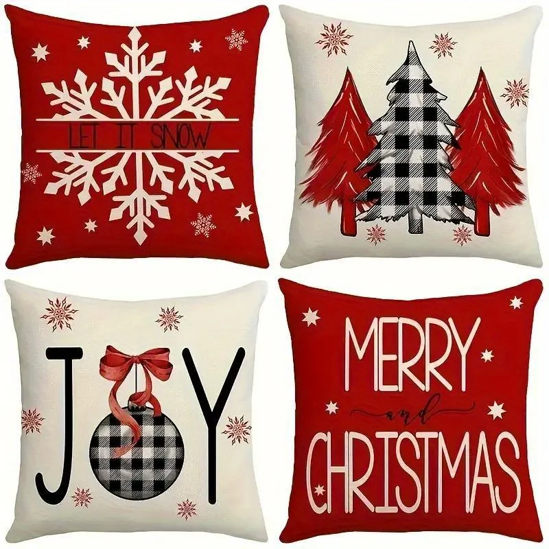 Cottage Style Christmas Pillow Covers Set of 4, Woven Polyester with Zipper, Machine Washable for Holiday Home Decor