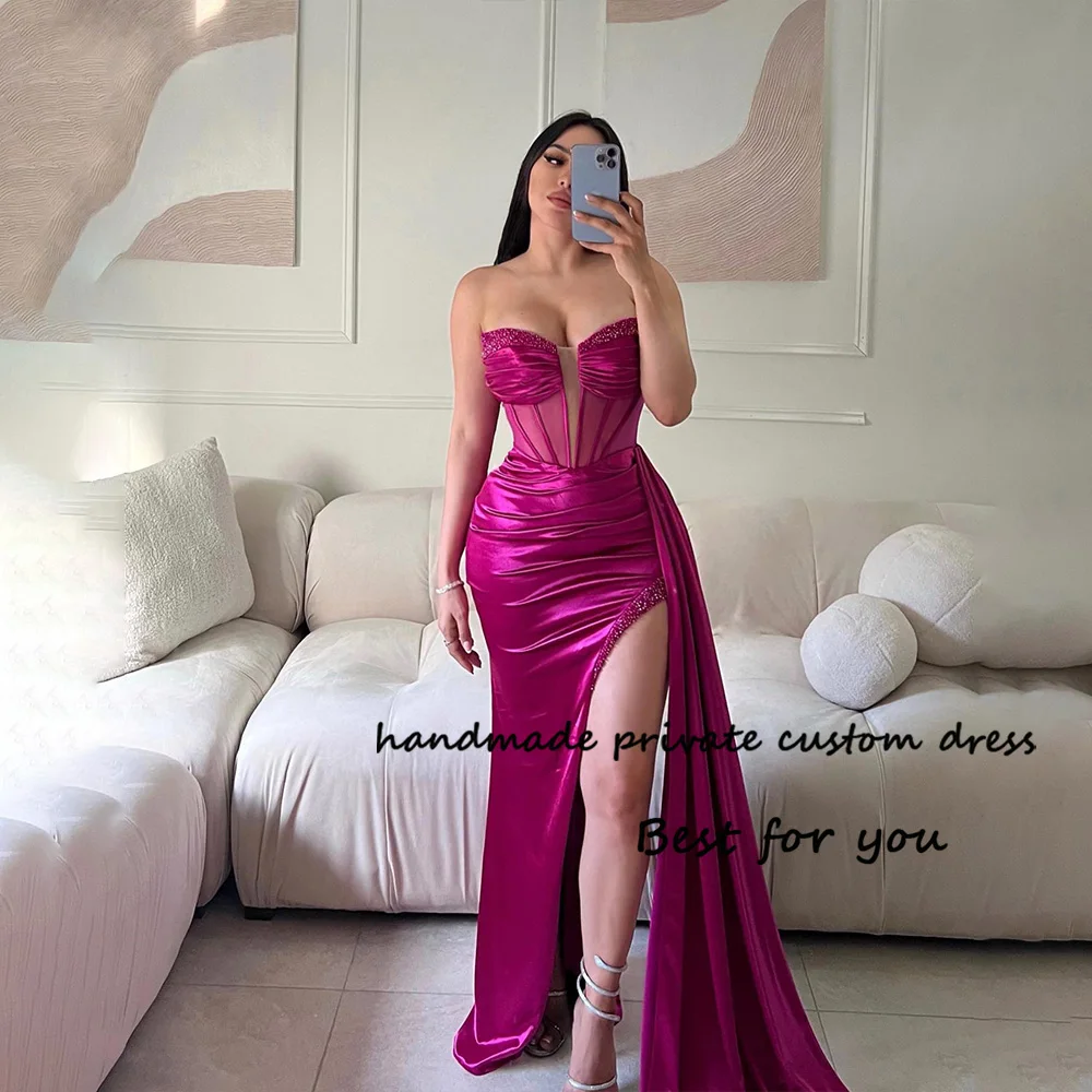 

Fuchsia Mermaid Evening Dresses with Slit Pleats Satin Sweetheart Prom Party Dress with Train Long Celebrate Event Gown