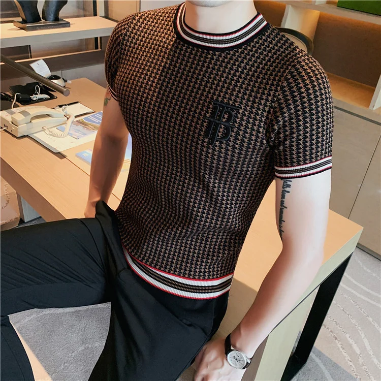 2025 new men's summer crew neck embroidered letter thousand bird grid knitted ins high-end slim-fit bottoming shirt