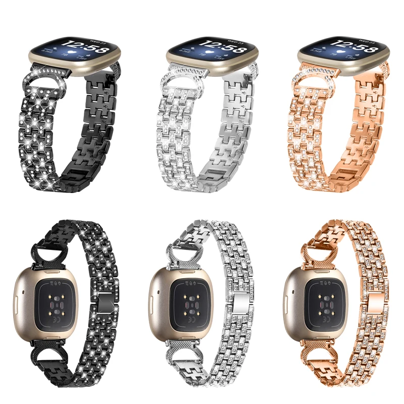 For fitbit versa 4 versa 3 smart watch Strap Stainless Steel Diamond Five-Beads Five-Rows watchband for fitbit sense / sense 2