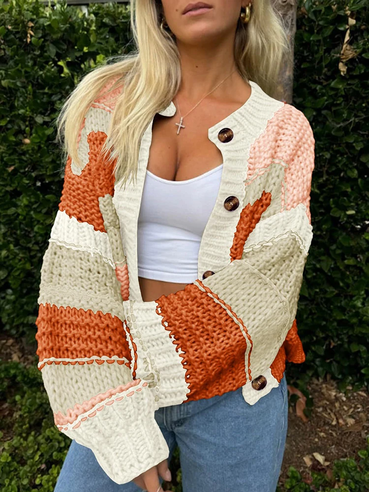 

Стильный однобортный свободный свитер, женские джемперы с круглым вырезом, элегантные вязаные кардиганы с длинными рукавами и цветными блоками