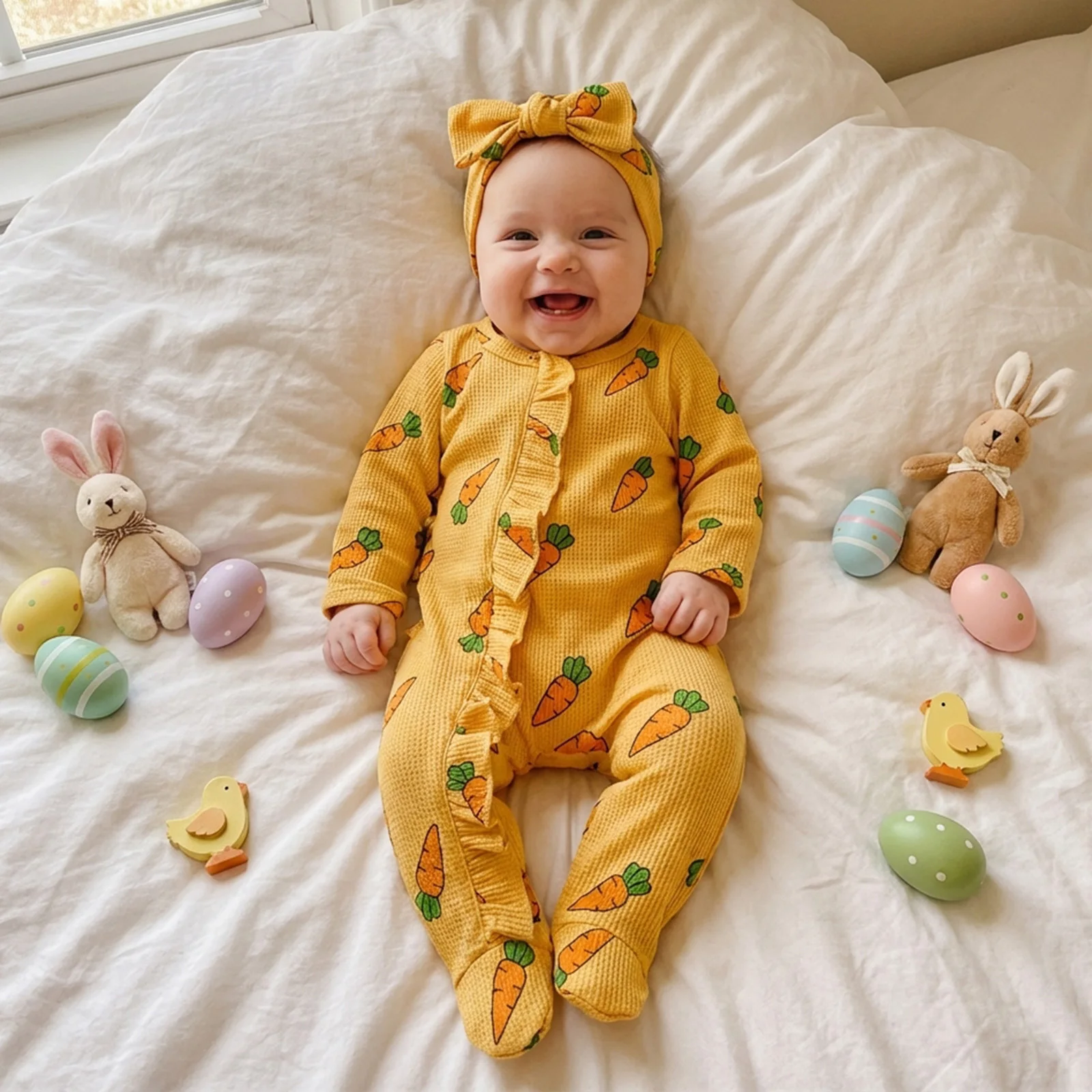 Baby Girls Easter Jumpsuits Outfits Carrot Print Ruffled Trim Zip Up Long Sleeve Footie Romper Bow Headband 2 Pcs Set