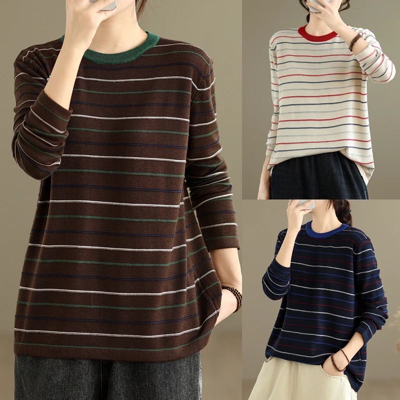 

Цветной полосатый круглый вязаный свитер Ne Long Sve в стиле ретро, женский осенне-зимний свободный утягивающий универсальный мягкий базовый топ