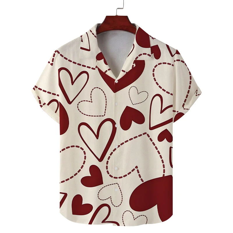 Men's summer Cuban collar short-sleeved shirt with heart print men's shirt fashionable, comfortable and breathable
