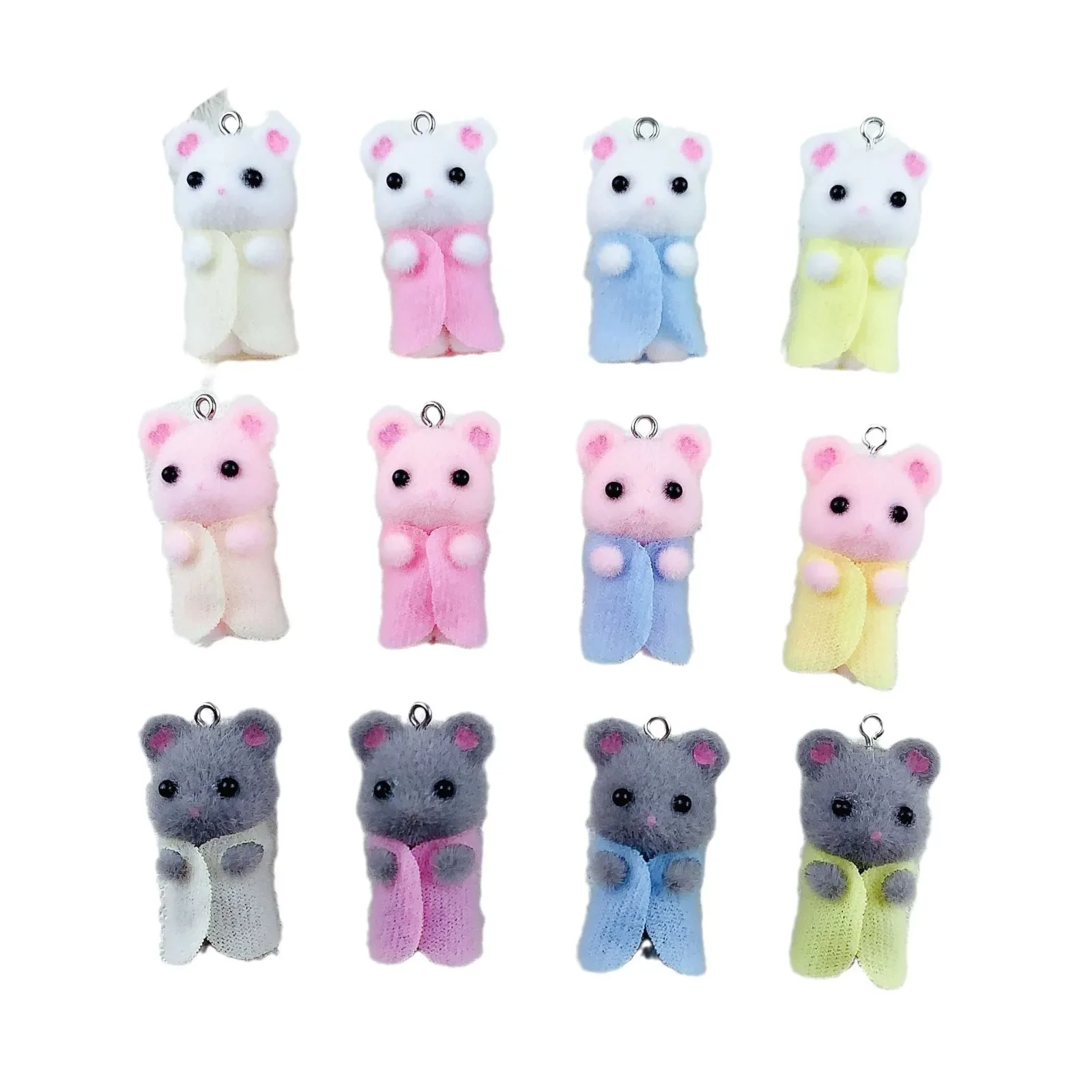 30Pcs Resin Cute Mouse Charms Cartoon Flocked Animal Pendant Earring Keychain Bag Accessories for DIY Crafts Jewelry Make