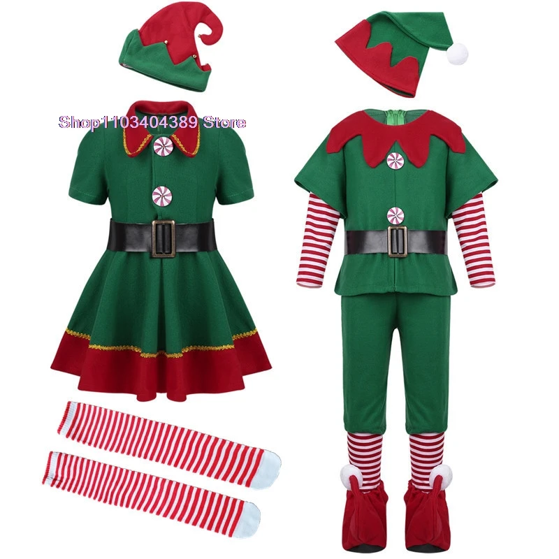 New Christmas Children's and Adult Christmas Costumes Santa Claus Green Elf Costumes Cosplay Christmas performance Outfits