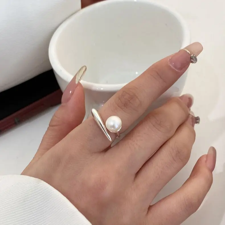 BF CLUB cincin perak Sterling 925 wanita, cincin mutiara sederhana terbuka Vintage buatan tangan untuk pesta hadiah ulang tahun