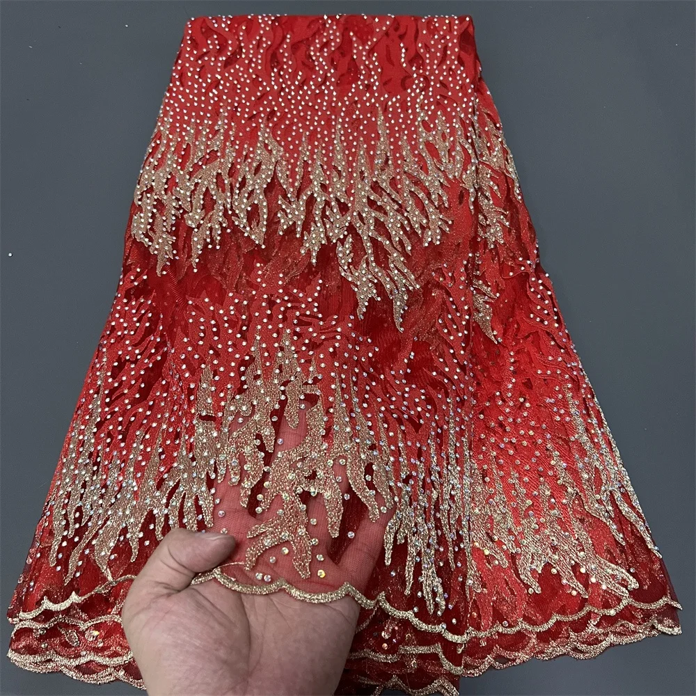 

Latest 2025 African Nigerian Guipure Embroidery Sequins Tulle Lace Fabric High Quality for Sewing Dresses 5Yards ZJ084