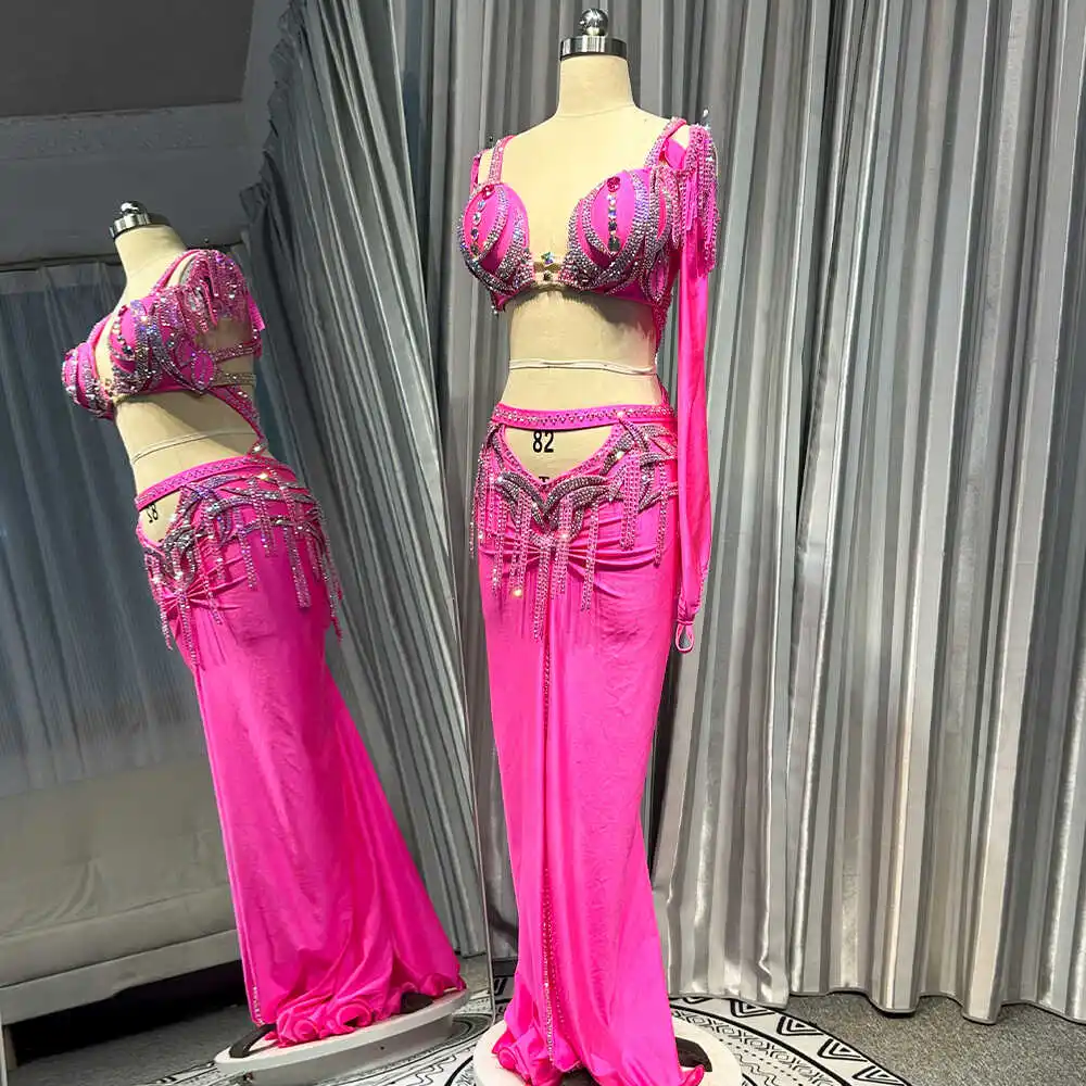 BellyDance Suit Embroidery Diamond Bra Split Fishtail Skirt Performance Set Custom Adult Child Competition Clothing Accessories