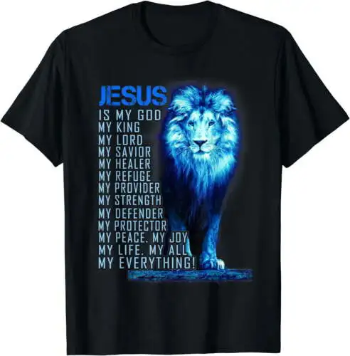 Men's Jesus é meu Deus Rei Leão Azul Camiseta Cristã, Jesus Meu Senhor Meu Salvador