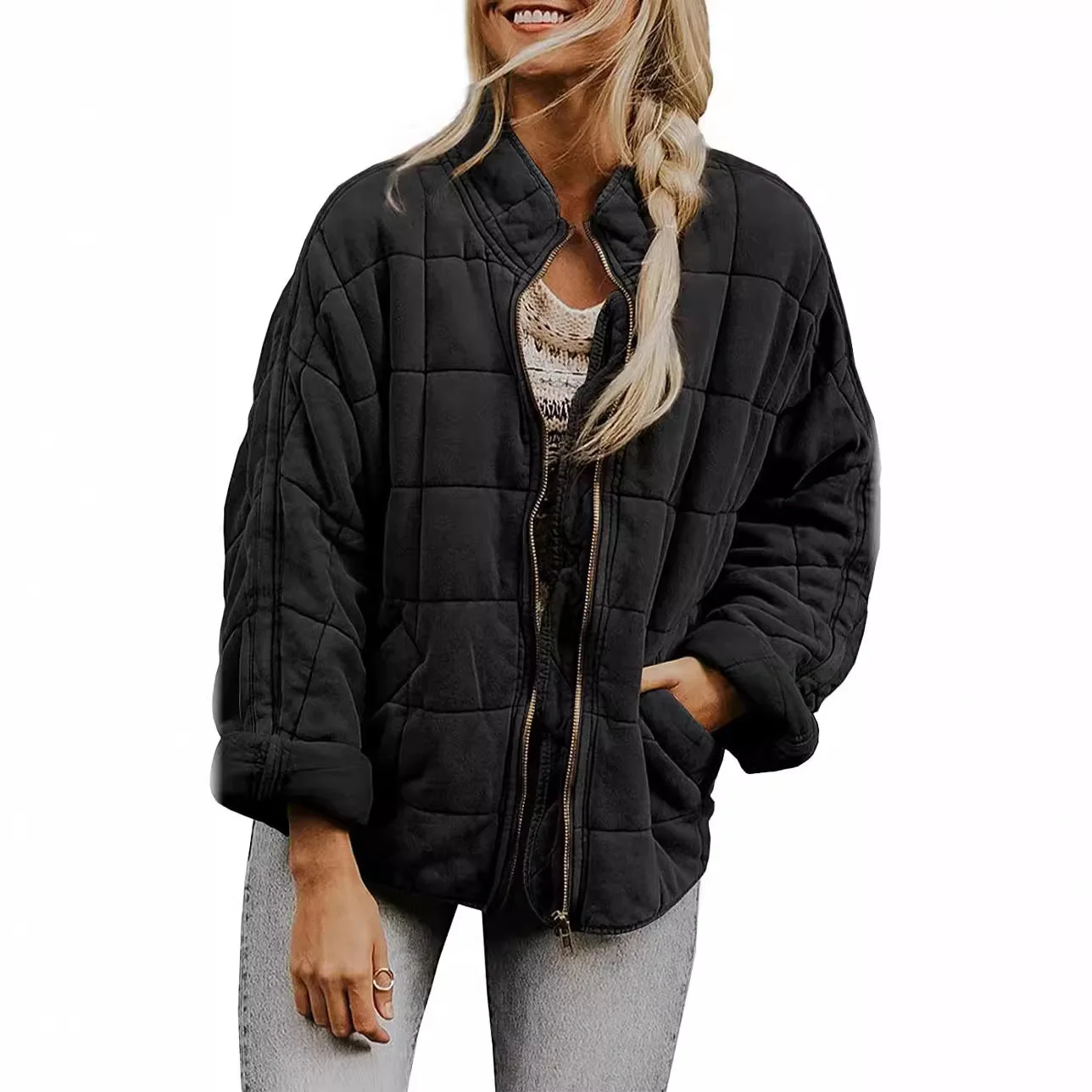 Quilted Coats Women Solid Stand Up Collar Loose Pocket Long Sleeved Cotton Jacket Autumn Winter Fashionable Daily Warm Overwear