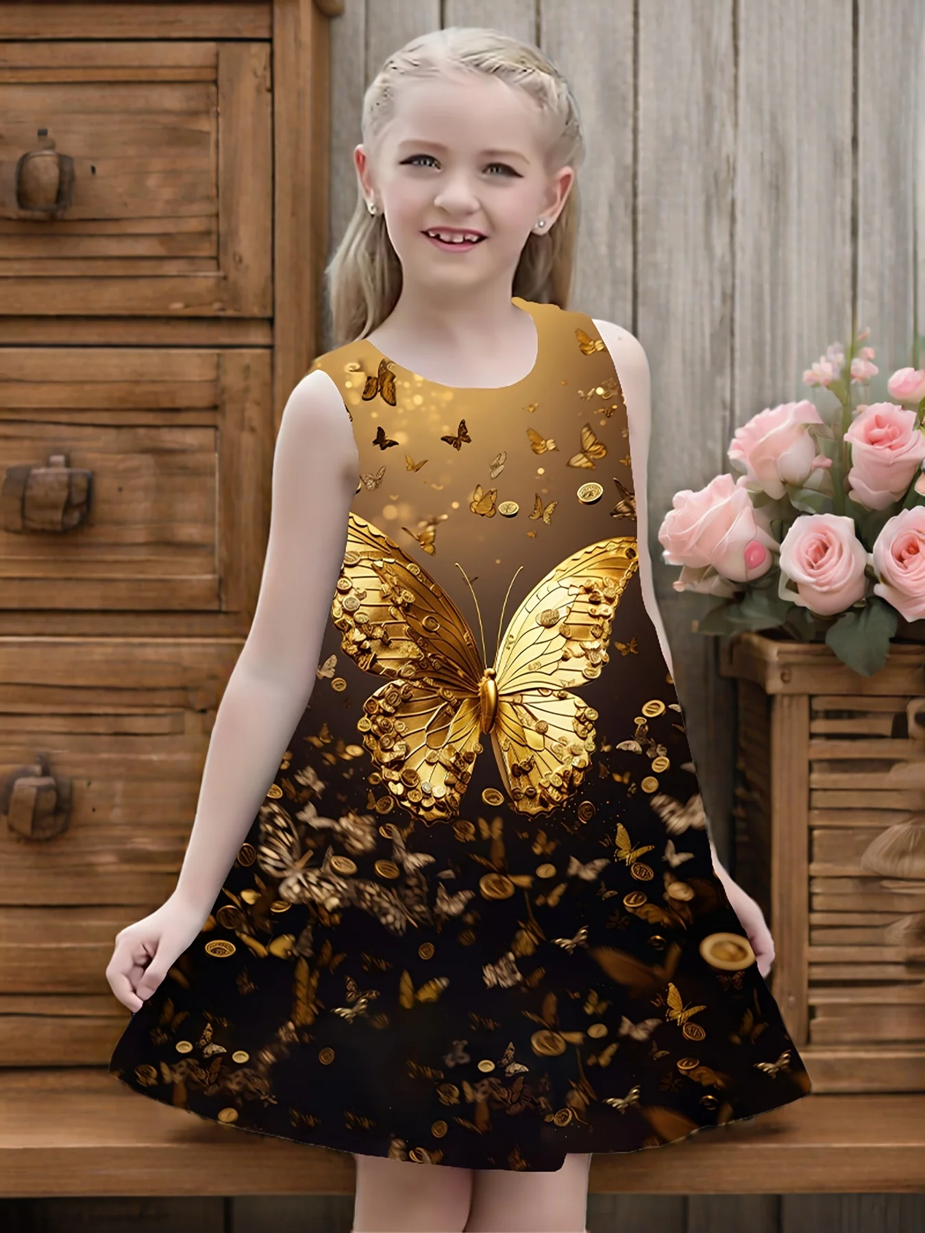 Girls Gold Butterfly Coin Print Dress, Sleeveless Elegant Shiny Butterfly Pattern Skirt, Children Summer Clothing
