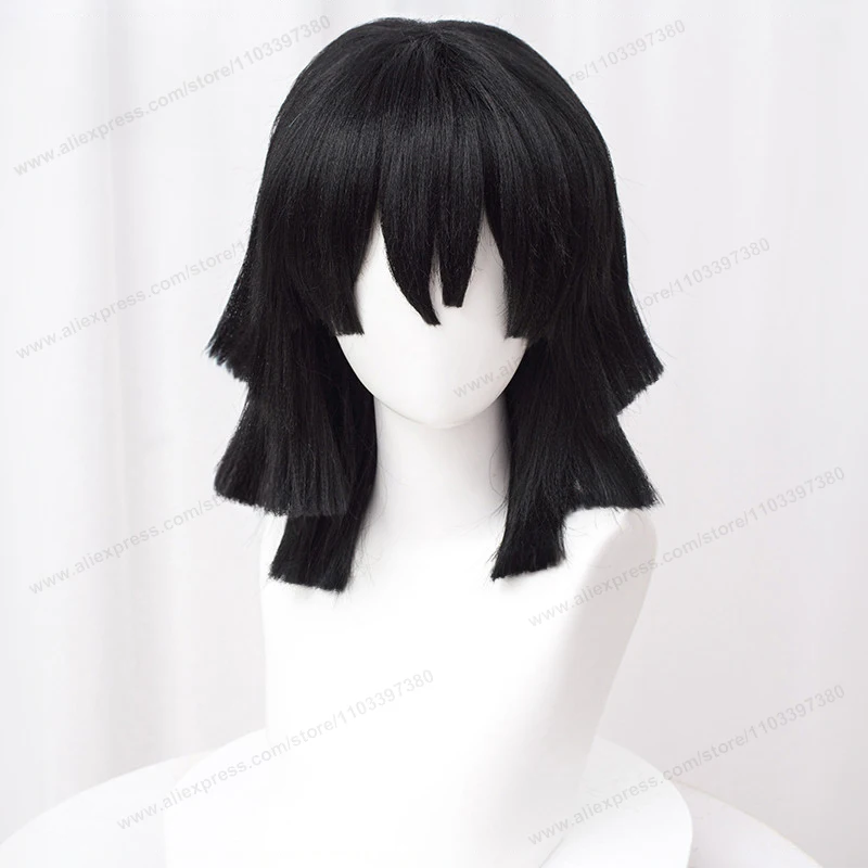 Iguro Obanai Cosplay Wig 40cm Short Black Styled Fluffy Hair Heat Resistant Hair Anime High Quality Wigs